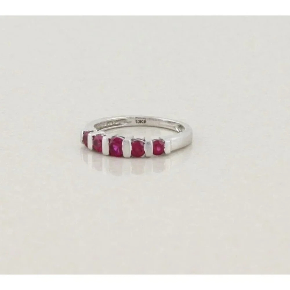 10k White Gold Lab Created Ruby Band Ring Size 5 - Picture 3 of 7